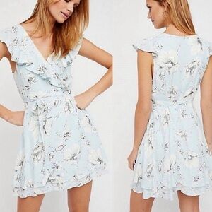 Free People French Quarter Wrap Dress Mint Blue Floral